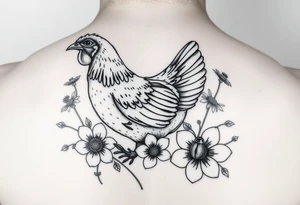 A chicken surrounded by wildflowers with ladybug on flowers petal tattoo idea