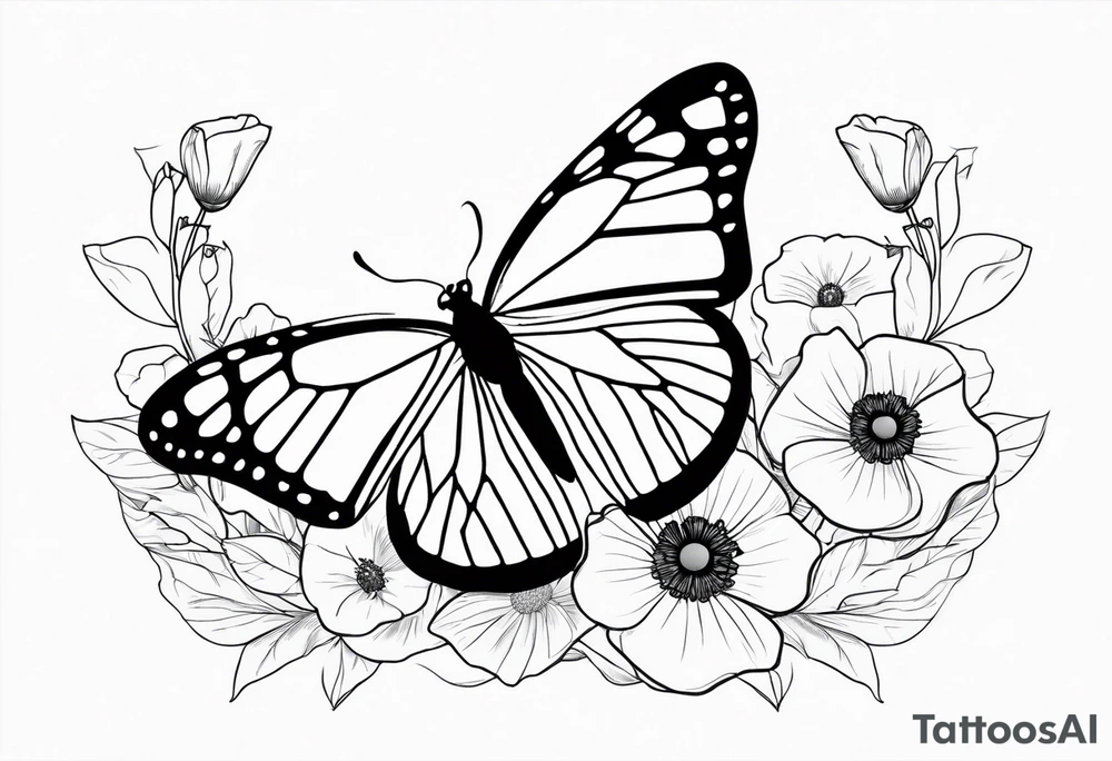 black and white fine line tattoo of a monarch butterfly with poppy flowers exclusively inside the top halves of the wings, featuring minimalistic lines and intricate details, while the bottom halves remain simple. tattoo idea