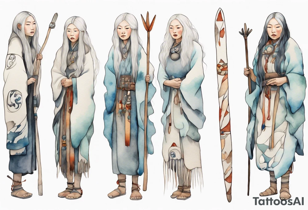 a solitary Inuit woman with long white hair holding onto a white staff tattoo idea