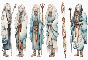 a solitary Inuit woman with long white hair holding onto a white staff tattoo idea