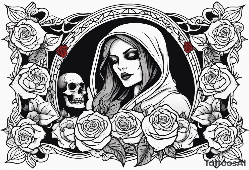 Feminine grim reaper with skulls and roses tattoo idea