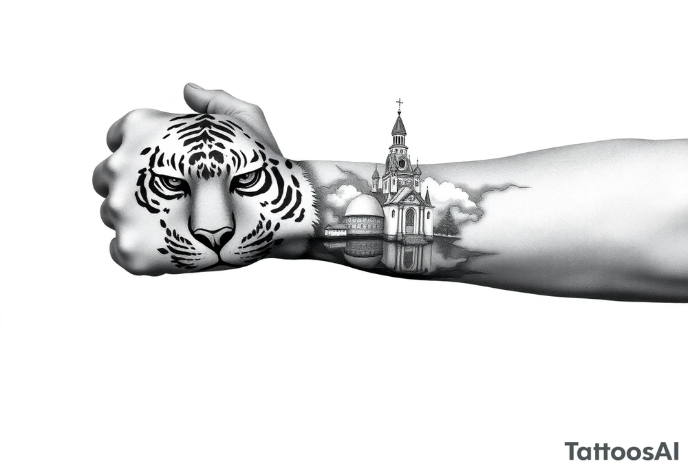 in a dorsal view of the hand and forearm a tiger face on the hand with black hollowed eyes, then above this a orthodox church shrouded with a mist and fading into a virgin mary overlooking tattoo idea