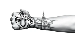 in a dorsal view of the hand and forearm a tiger face on the hand with black hollowed eyes, then above this a orthodox church shrouded with a mist and fading into a virgin mary overlooking tattoo idea