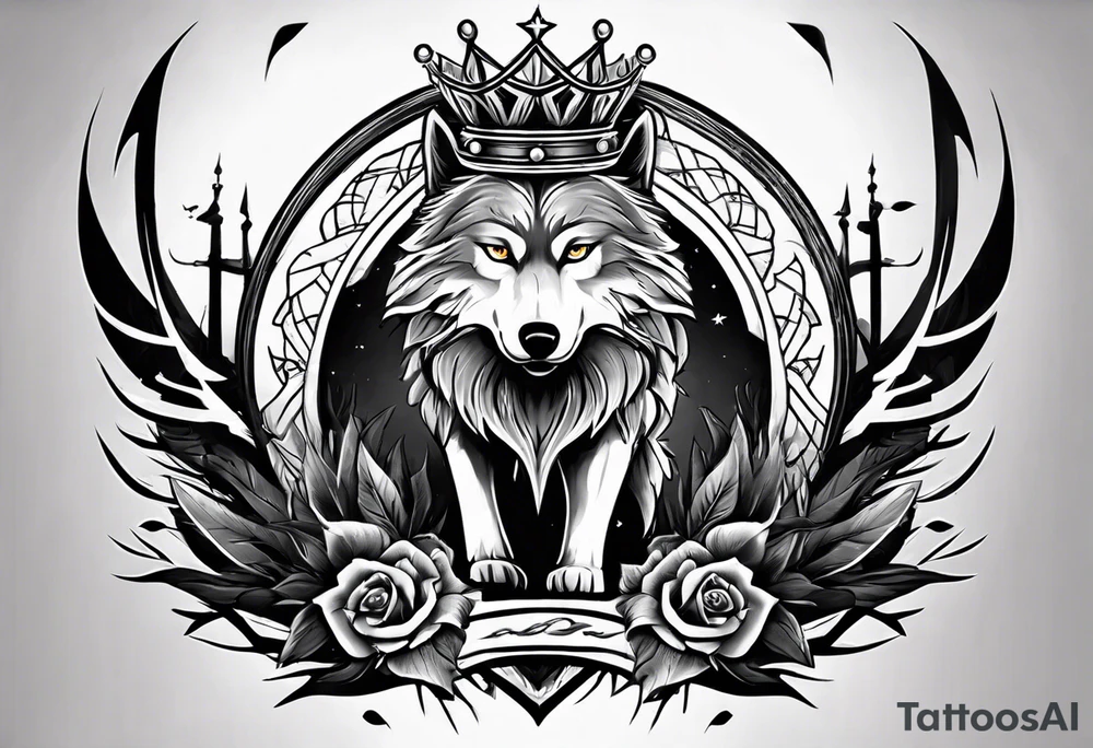 Create a vision of arm tattoo sleeve with combination of sword, crown, tree and three wolves to represent clients family roots tattoo idea