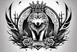 Create a vision of arm tattoo sleeve with combination of sword, crown, tree and three wolves to represent clients family roots tattoo idea