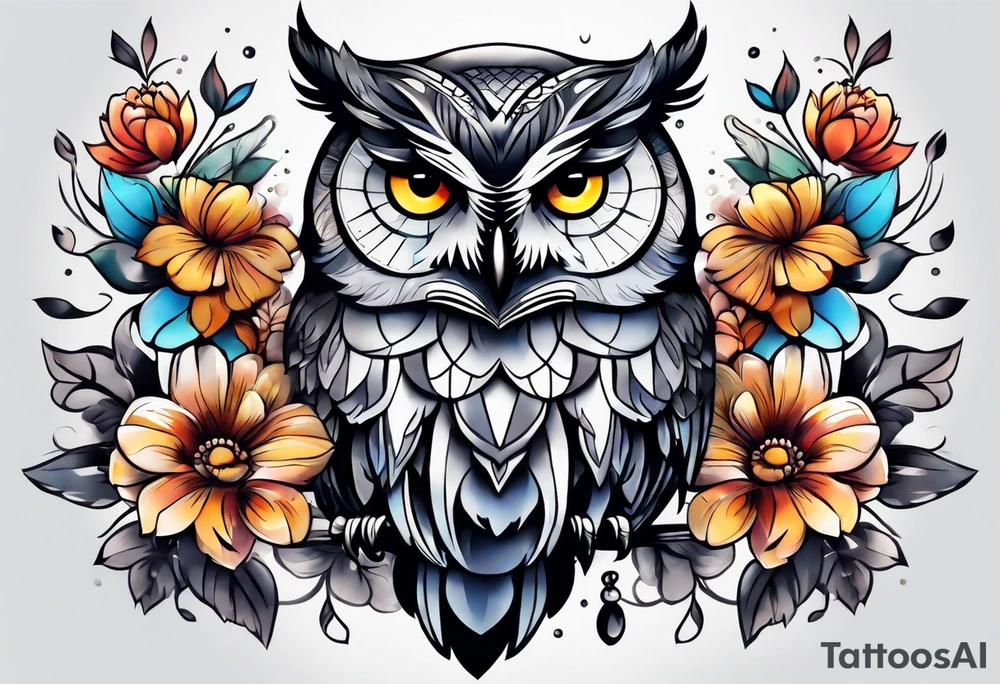 Owl and flowers full arm sleeve tattoo idea