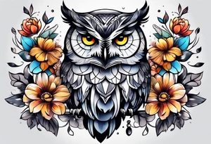 Owl and flowers full arm sleeve tattoo idea
