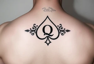 A spade womb tattoo with a Q in the center, with three points around the outside. The first reading, "BLACK". The second reading, "BABY". The third reading, "ONLY". tattoo idea
