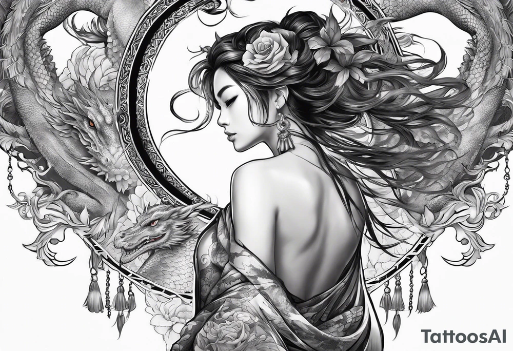 back tattoo of warrior nymph with dragon tattoo idea
