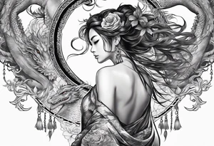 back tattoo of warrior nymph with dragon tattoo idea