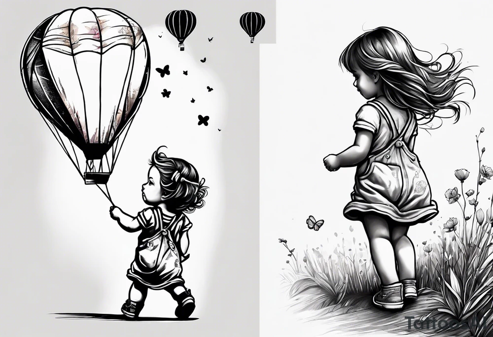 back image of a little girl in a dress, flying a kite, a teddy bear in overalls, standing beside her tattoo idea