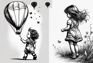 back image of a little girl in a dress, flying a kite, a teddy bear in overalls, standing beside her tattoo idea