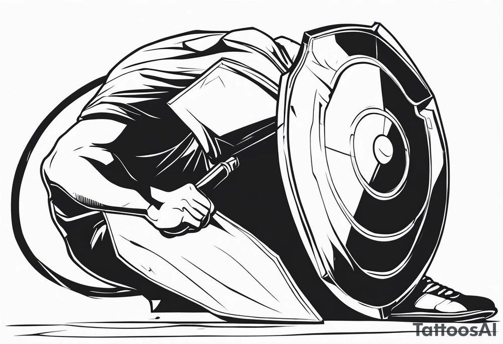side view of crouched man holding shield tattoo idea