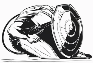 side view of crouched man holding shield tattoo idea