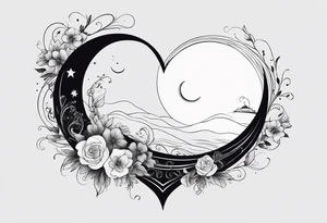 Crescent moon with a heart inside, shrouded by beautiful flowers with wisps of mist tattoo idea