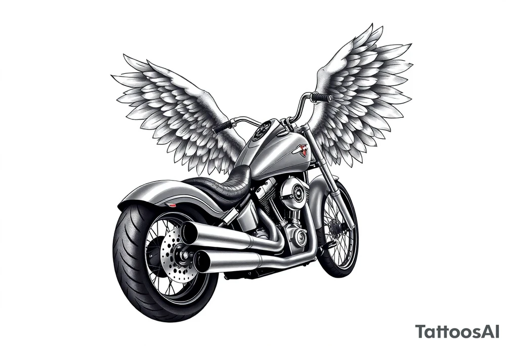 Low rider grey motorcycle, big muffler pipes with flames, angel wings, driving away, no person tattoo idea