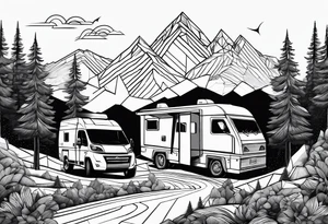geometric mountains with an rv/truck and trees tattoo idea