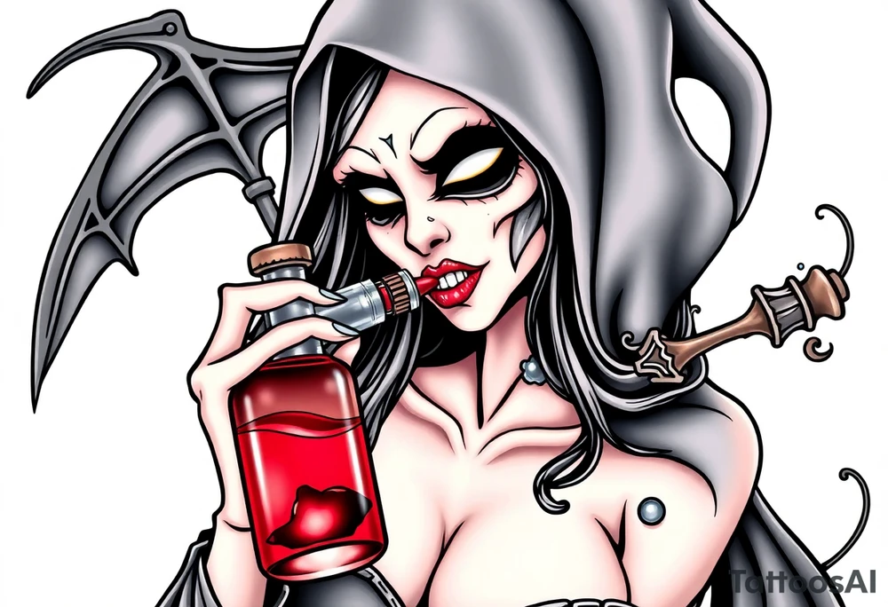 Sexy  xxx Female grim. Reaper drinking her
 death poison bottle tattoo idea