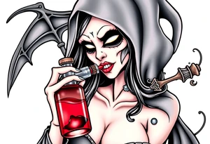 Sexy  xxx Female grim. Reaper drinking her
 death poison bottle tattoo idea