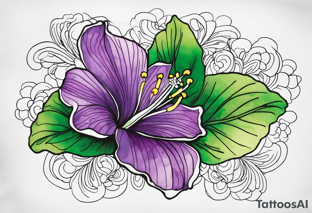 An outline of a rio dipladenia flower with a mystical green/purple watercolor splash in the background tattoo idea