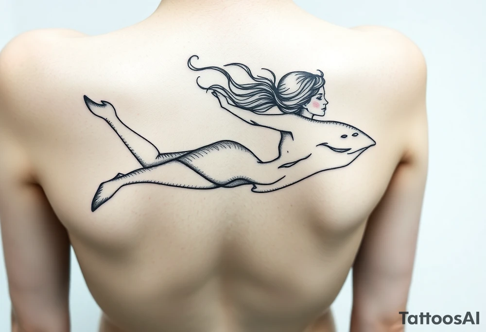 Freediving Woman whole Body with a mobula ray in the Open sea tattoo idea