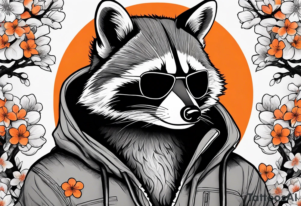 raccoon wearing a black and white Superman hoodie and orange Japanese cherry blossoms tattoo idea