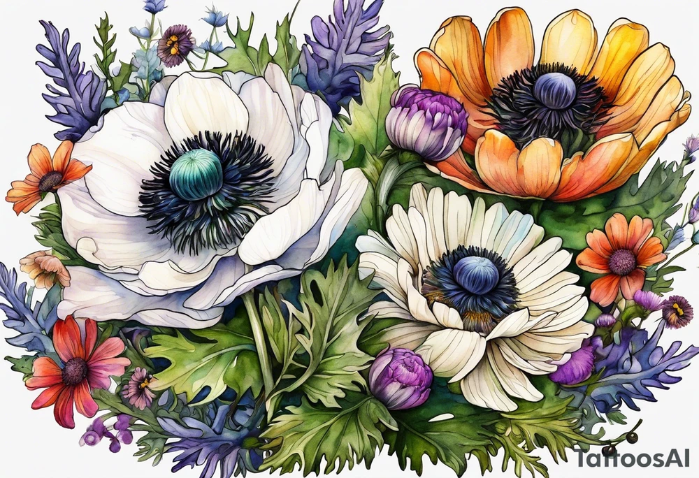 a white anemone with black center with equal sized mixed colorful wildflowers all with different shapes including thistles, ferns, ranuculus, and sun flowers all in watercolor tattoo idea