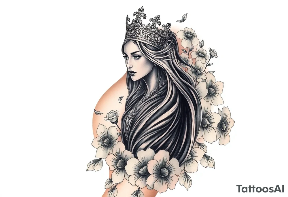 Powerful black queen surrounded by angles in a bed of flowers tattoo idea