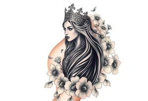 Powerful black queen surrounded by angles in a bed of flowers tattoo idea