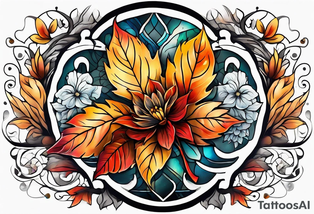 Knee tattoo with fall colors showing leaves, flowers, water flow and sky tattoo idea
