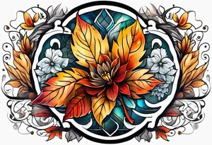 Knee tattoo with fall colors showing leaves, flowers, water flow and sky tattoo idea