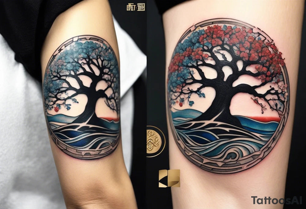 A tattoo of an abstract Tree of Life tattoo to be placed directly on the bicep of a woman. It can wrap around the arm a little. It should have roots growing out of the bottom. The roots slowly turn into water from the Great Wave by Hokusai. A golf flag should be placed discreetly growing out of the ground. 2 license plate tags should be hanging from the tree. Place a few music notes in the areas the leaves should be. The letters A U should be engraving into the tree trunk in a heart. Not inside a circle. The overall shape of the tattoo should be organic. Black and white only. tattoo idea