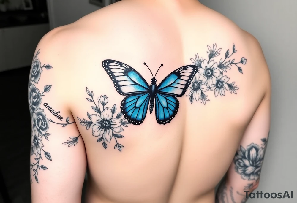 Sleeve/ floral with vines roses and daises large bright blue monarch in center of forearm with floral extending from wrist to mid bicep children’s names written with vines “ amber, Zachary, Justin, Harper, Vivian “ tattoo idea