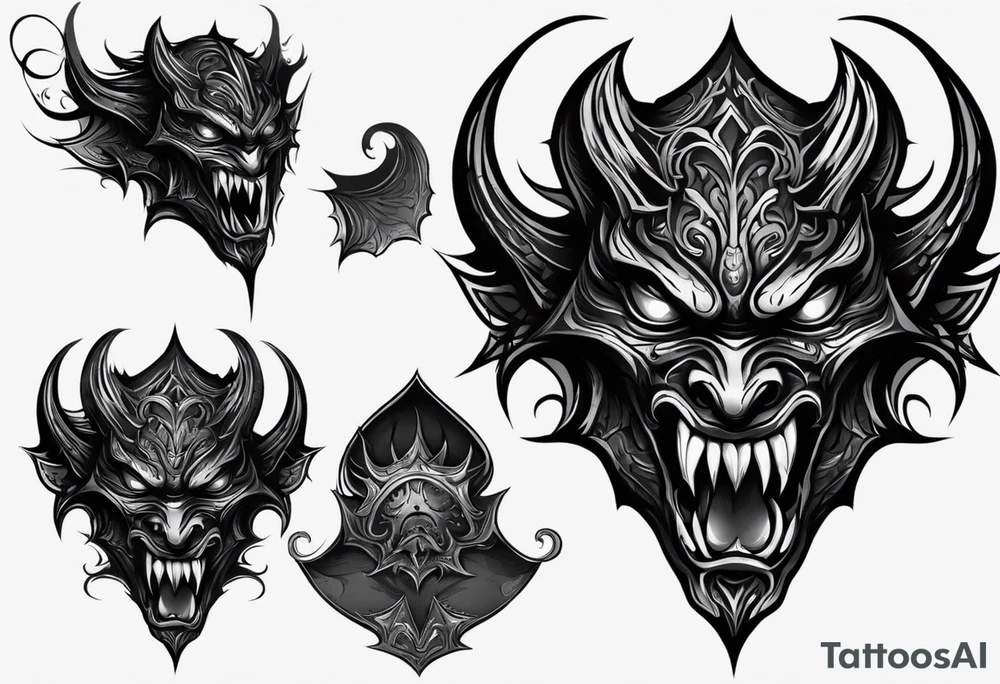 Create a dark tattoo design. The tattoo appears to be a detailed, realistic illustration of a sinister, demonic face. The face has intense features, including large, menacing eyes, a sharp, pointed nose, and a mouth filled with sharp, jagged teeth. He sticks out his long tongue. The design incorporates deep shadows and highlights, giving it a three-dimensional, almost lifelike appearance. Overall, the tattoo creates a haunting and powerful visual effect. tattoo idea