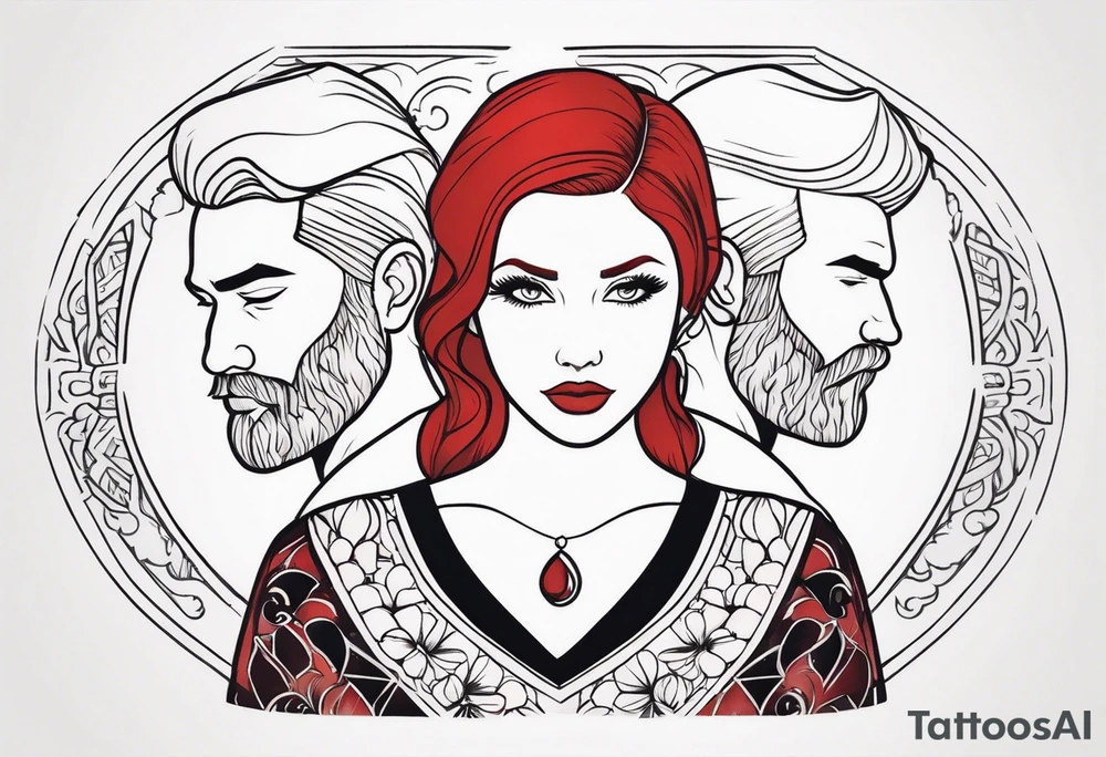 Busty red haired woman with a bearded man who has black hair tattoo idea