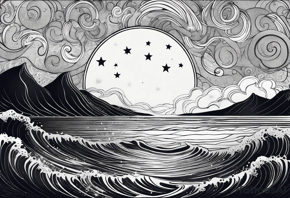 mezcla de sol luna y mar con estrellas brillantes, sin bordes, sencillo, minimalista tattoo idea