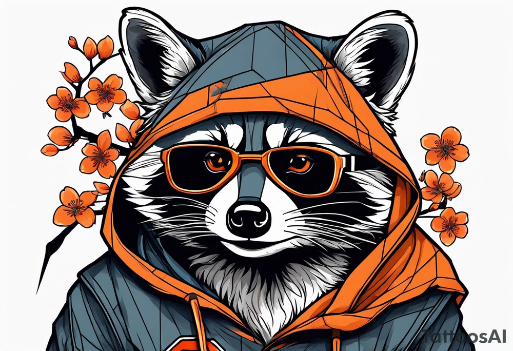 raccoon wearing a black and white Superman hoodie and orange Japanese cherry blossoms tattoo idea