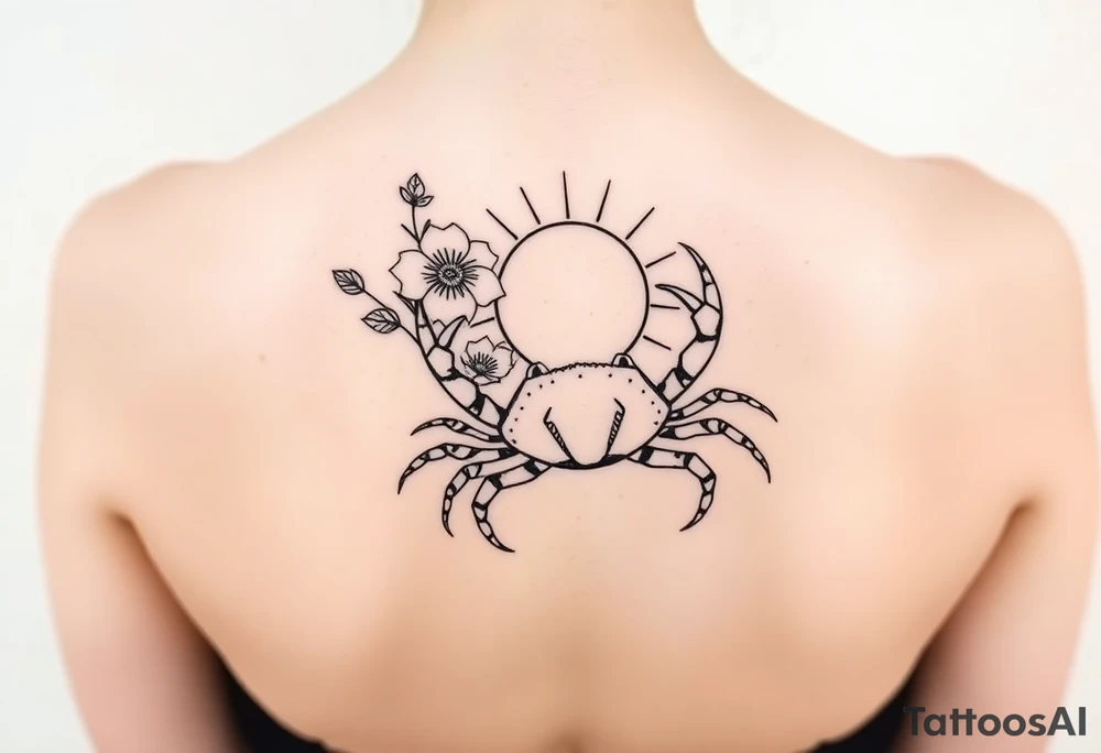 Honeysuckle, sun, and crab tattoo idea
