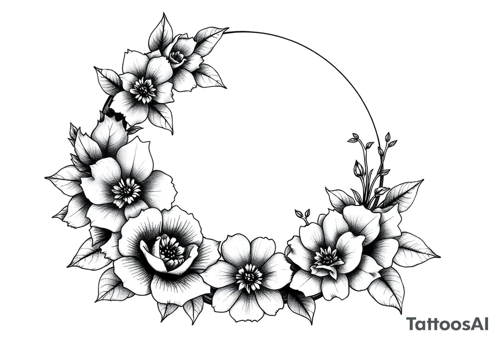 moon-shaped diferent flowers tattoo idea