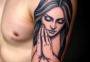 Chicano style woman with praying hands and rosary in hands tattoo idea