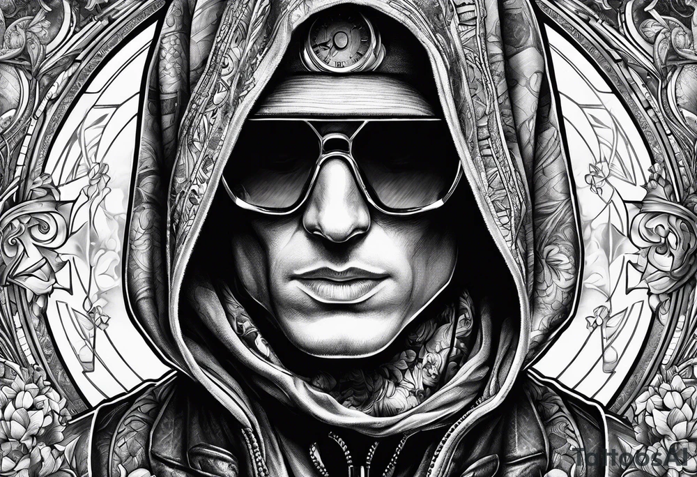 Time traveller man with time traveller visiting present from future hoodie covered face tattoo idea