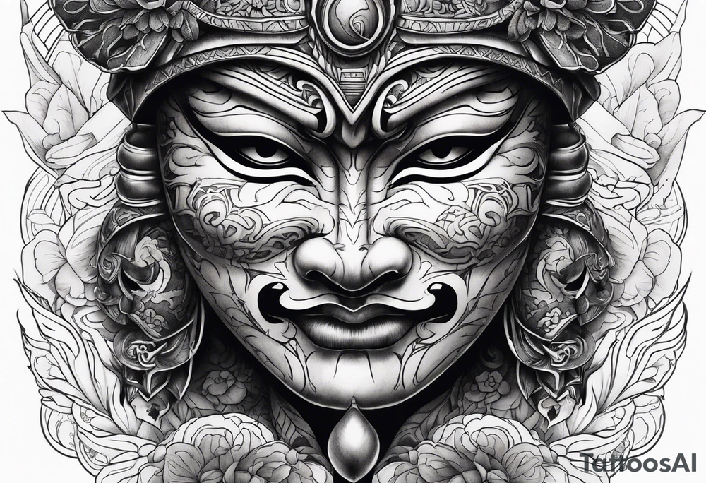 Japenese henya mask split tattoo idea