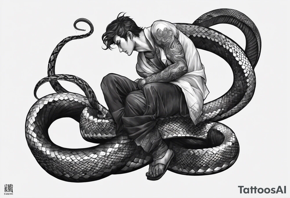 A snake wrapping around the legs of a man with 8 arms and no face in pencil drawing style. The upper part of the snake will come up from the right and look back at the man figure. There will be a black eye above the man looking directly forward. tattoo idea