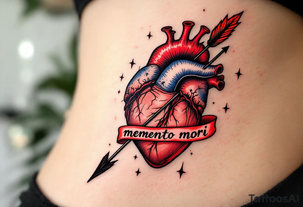 A vintage anatomical heart, pierced by a black arrow, with the phrase "memento mori" written in a blood-red ribbon. tattoo idea