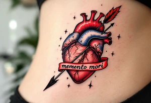 A vintage anatomical heart, pierced by a black arrow, with the phrase "memento mori" written in a blood-red ribbon. tattoo idea
