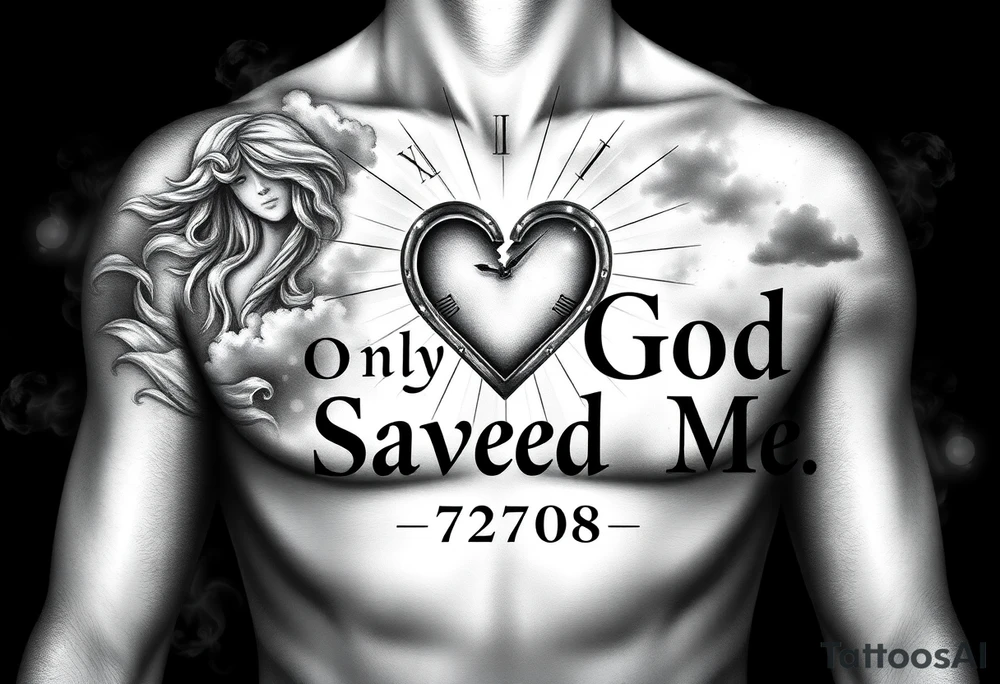 Black and gray realistic chest tattoo design.
A symbolic composition representing rebirth and protection.
On the left side, a female figure made of light — calm, maternal, protective — emerging from soft smoke and clouds.
In the center, a broken heart or cracked clock glowing from the inside, symbolizing survival and second chance.
On the right, rays of light spreading outward, blending with dark shadows.
Across the chest area, gothic lettering that says “Only God Saved Me”, large and elegant, with subtle highlights.
Include date 27·08 in Roman numerals below the text.
Artistic background of mist, soft smoke, and light particles, giving a sense of spirituality and rebirth.
Realistic shading, fine details, and balanced composition.
No human torso visible — just the tattoo design layout.
Black and gray tones, dramatic contrast, cinematic lighting. tattoo idea
