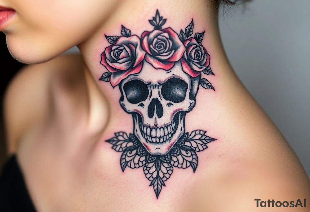 Bold vibrant gothic skull but also elegant and majestic wearing a rose crown also lace underneath tattoo idea