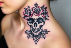 Bold vibrant gothic skull but also elegant and majestic wearing a rose crown also lace underneath tattoo idea