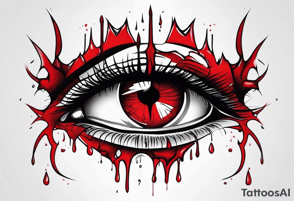 Bleeding tear draining to down from one red symmetrical
eye tattoo design model tattoo idea