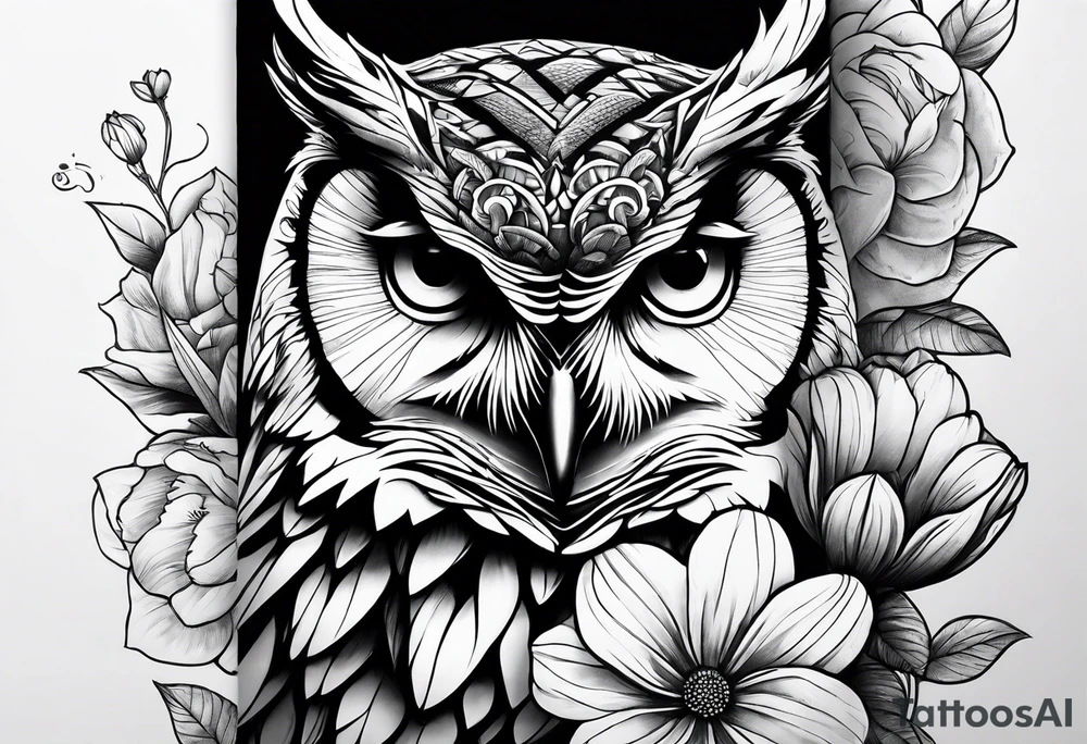Owl and flowers full arm sleeve tattoo idea
